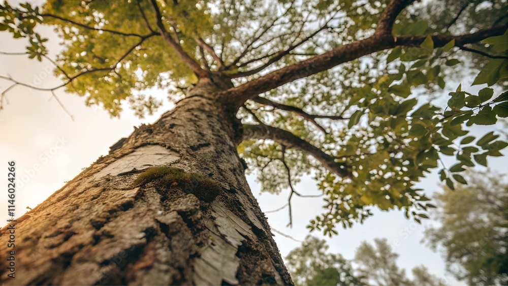 Fototapeta premium Ancient oak tree with gnarled bark stands tall in the heart of a sunlit forest