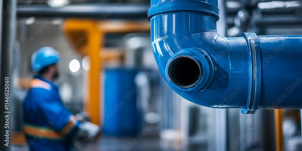 A close view of a blue industrial ventilation pipe featuring a port in a contemporary factory. A worker, dressed in safety gear, is engaged in the maintenance of the ventilation system. A close view of a blue industrial ventilation pipe featuring a port in a contemporary factory. A worker, dressed in safety gear, is engaged in the maintenance of the ventilation system.