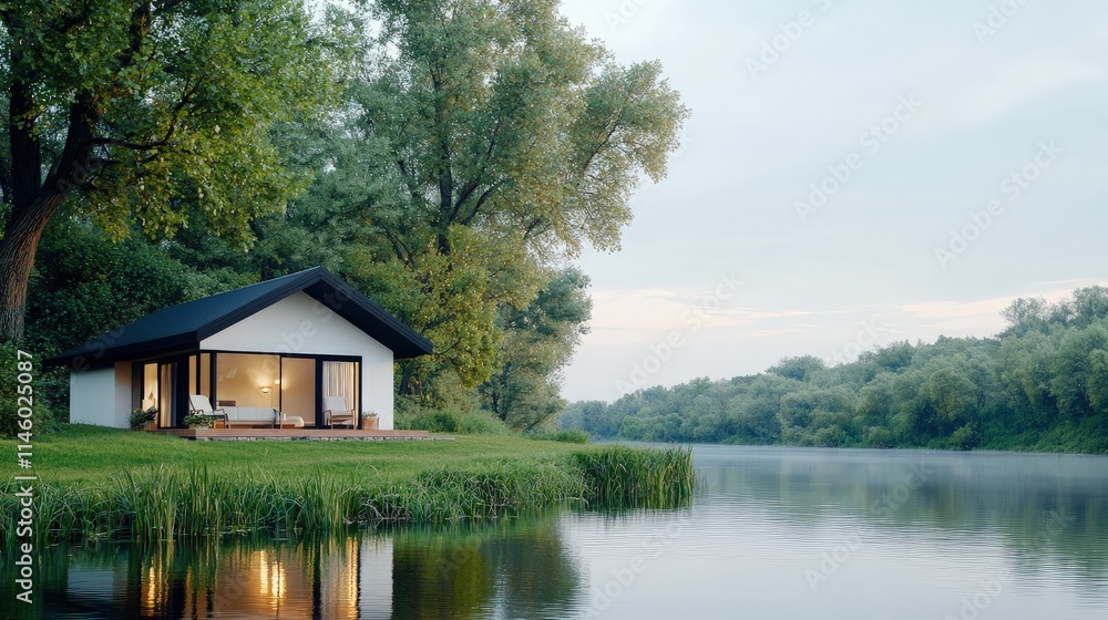 Modern lakeside cabin with glass doors, river view. Modern lakeside cabin with glass doors, river view.
