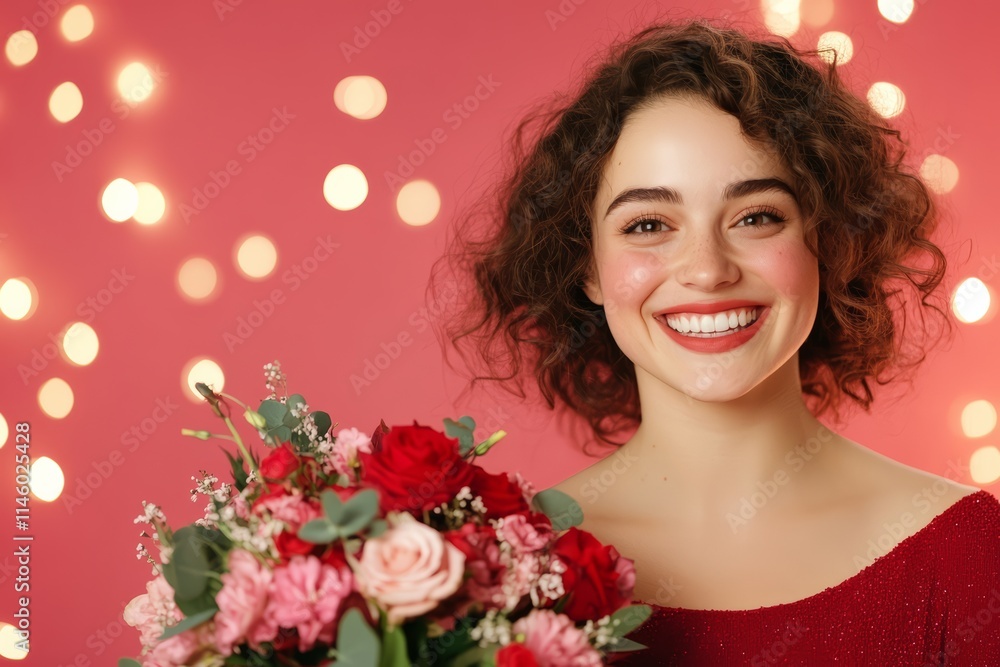 Smiling Woman Holding a Bouquet of Roses and Flowers in a Romantic, Glowing Setting Smiling Woman Holding a Bouquet of Roses and Flowers in a Romantic, Glowing Setting