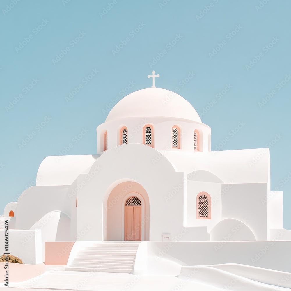 Modern White Church with Pink Accents and Dome Against Clear Blue Sky Modern White Church with Pink Accents and Dome Against Clear Blue Sky