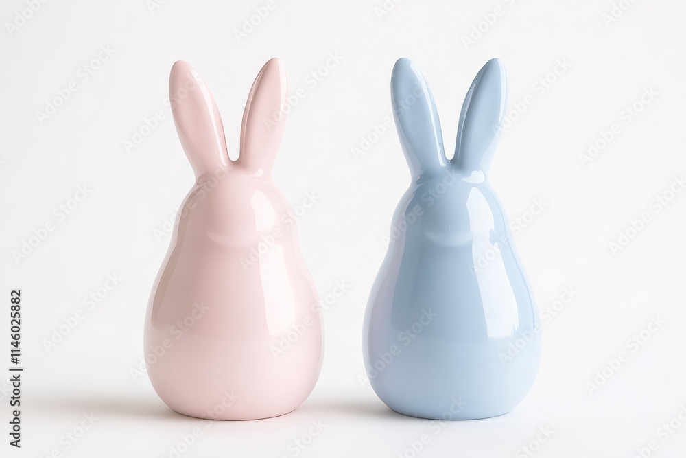 Fototapeta premium Adorable Ceramic Easter Bunny Figurines with Polka Dot Bow Ties