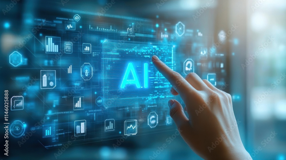 A hand is pointing at a blue screen with the word AI on it. Generative AI A hand is pointing at a blue screen with the word AI on it. Generative AI