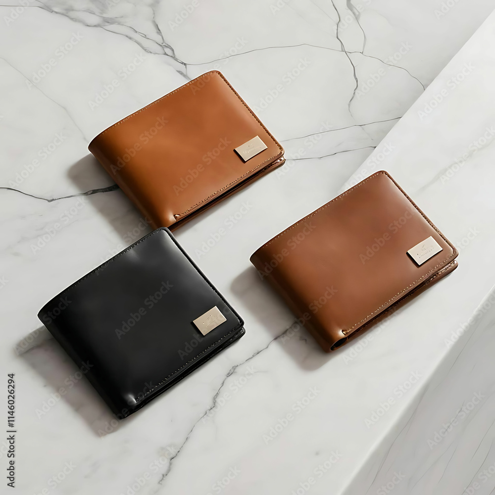 Sleek leather wallets in black and tan on marble. Sleek leather wallets in black and tan on marble.