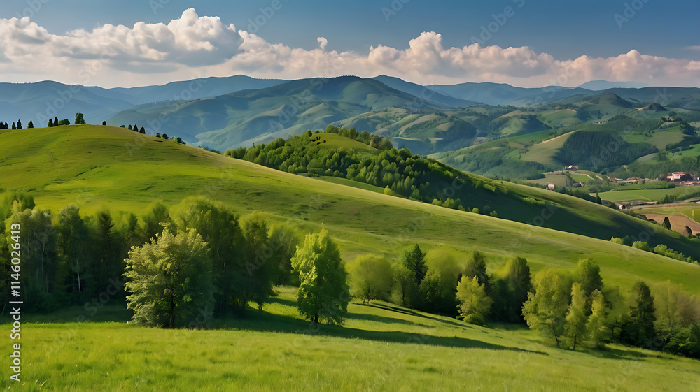 gorgeous rural landscape in mountains. fields and meadows on hills rolling in to the distant ridge. trees in fresh green foliage. nature scenery on a sunny day in spring. fluffy clouds on the sky gorgeous rural landscape in mountains. fields and meadows on hills rolling in to the distant ridge. trees in fresh green foliage. nature scenery on a sunny day in spring. fluffy clouds on the sky