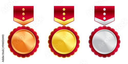 Shiny gold, silver, and bronze award medals with colorful ribbons. Medal of winners and achievements