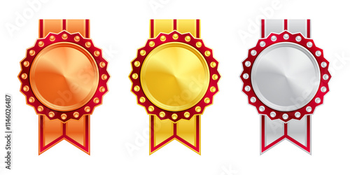 Shiny gold, silver, and bronze award medals with colorful ribbons. Medal of winners and achievements