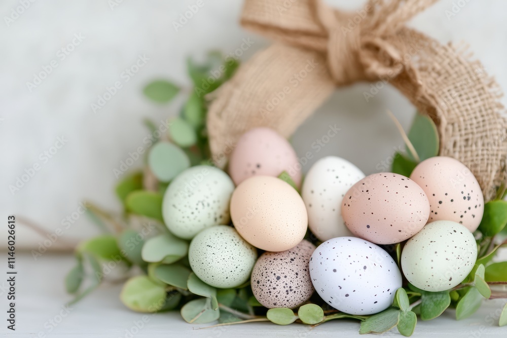 Festive Easter Egg Wreath with Pastel Colors on Turquoise Wooden Background Festive Easter Egg Wreath with Pastel Colors on Turquoise Wooden Background