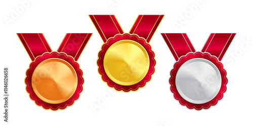 Shiny gold, silver, and bronze award medals with colorful ribbons. Medal of winners and achievements