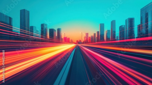 Vibrant Cityscape at Dusk with Motion Blur of Light Trails