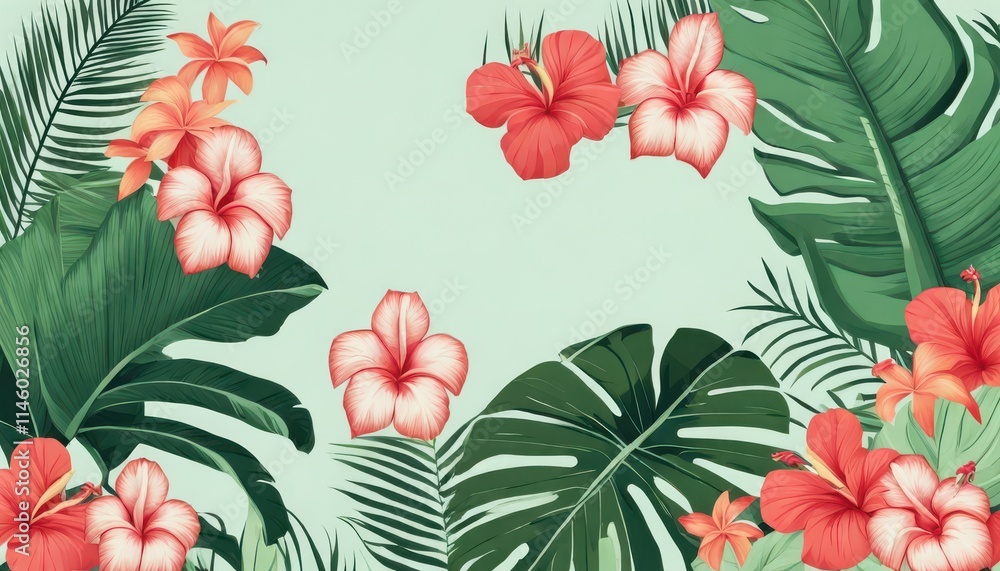 a close up of a pattern of tropical plants and flowers a close up of a pattern of tropical plants and flowers