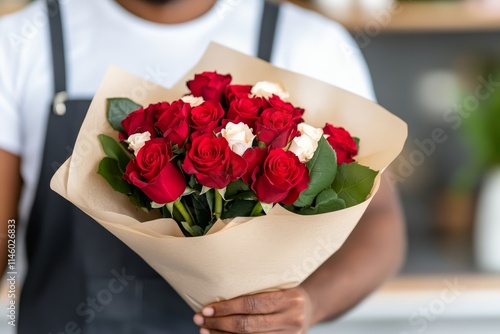 Florist Holding Elegant Bouquet of Red Roses Wrapped in Kraft Paper