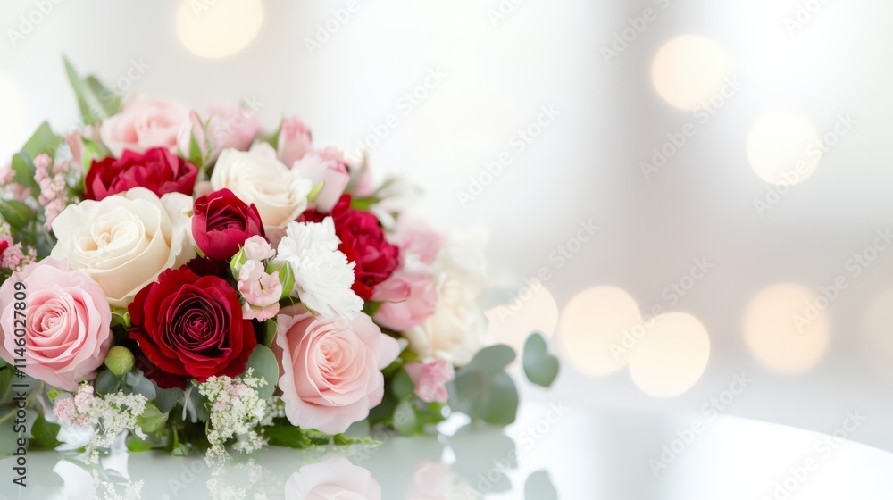 Elegant Bouquet of Red Roses with Greenery and Baby’s Breath on a Wooden Surface Elegant Bouquet of Red Roses with Greenery and Baby’s Breath on a Wooden Surface