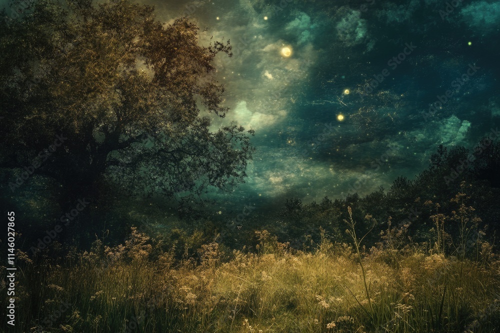 A serene scene of a grassy field under a full moon at night, featuring a tree as the central element A serene scene of a grassy field under a full moon at night, featuring a tree as the central element