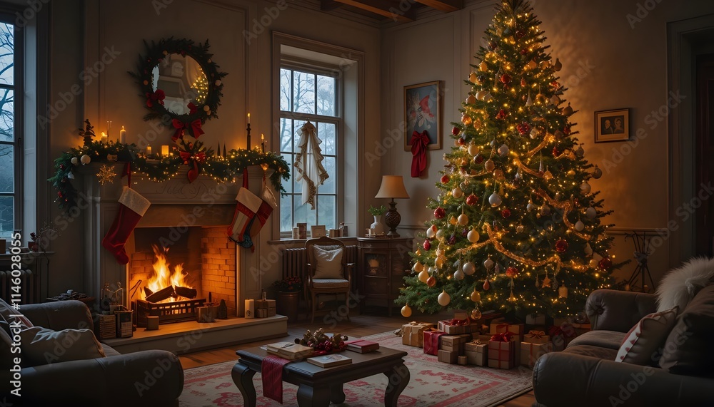 Cozy Christmas Living Room with Decorated Tree and Fireplace Cozy Christmas Living Room with Decorated Tree and Fireplace