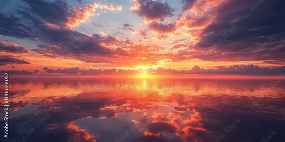 Stunning sunset with clouds and sky creating a breathtaking reflection over the sea, showcasing the beauty of sunset and the tranquil atmosphere it creates over the water.