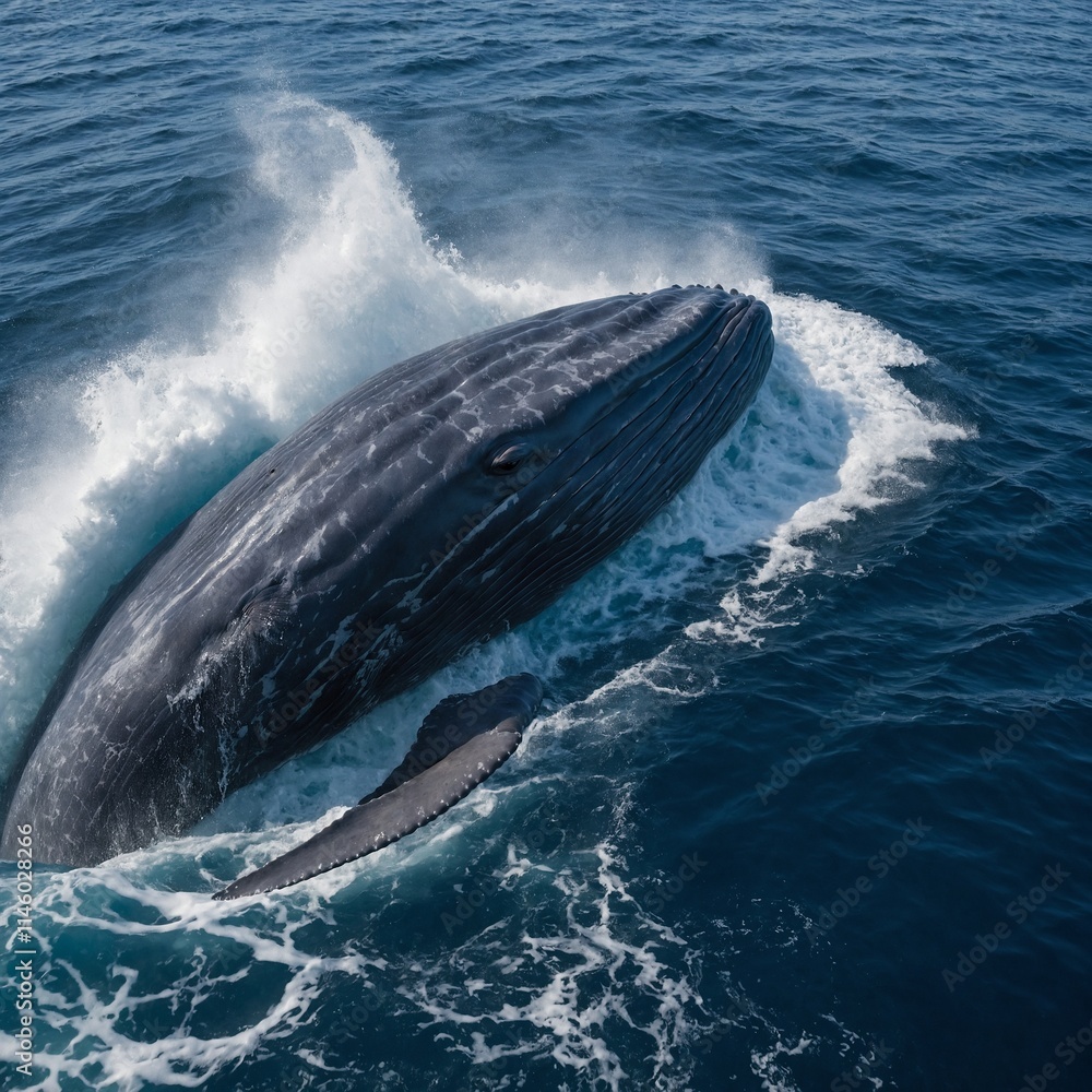 Fototapeta premium A magnificent blue whale diving into the deep ocean surrounded by white foam.