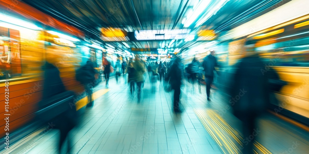 Obraz premium Business passengers navigate a subway station, captured in intentional motion blur. The scene emphasizes the dynamic movement of business passengers in transit.