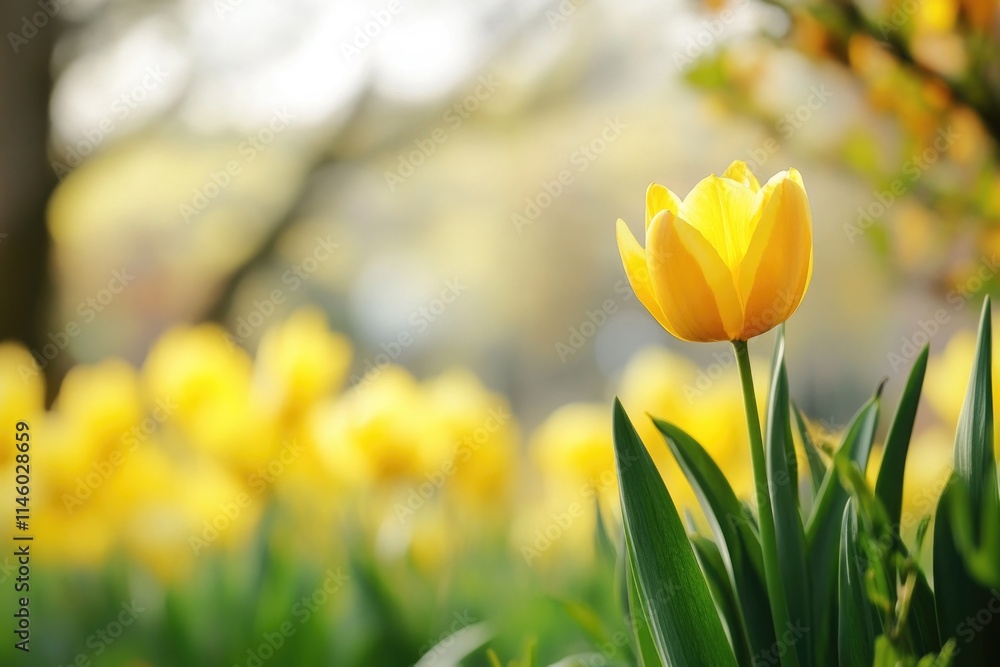 A bright and cheerful scene featuring a single yellow tulip growing among a field of yellow flowers A bright and cheerful scene featuring a single yellow tulip growing among a field of yellow flowers