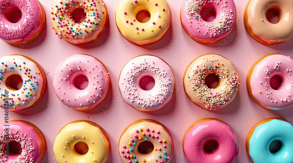 A delightful arrangement of assorted sweet treats, each meticulously decorated with colorful sprinkles, displayed against a soft pink background. A delightful arrangement of assorted sweet treats, each meticulously decorated with colorful sprinkles, displayed against a soft pink background.