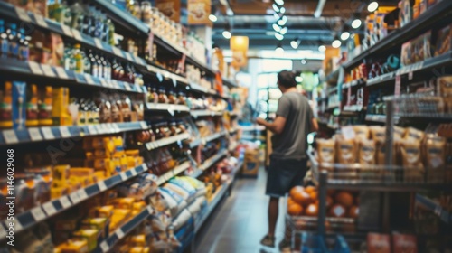 Man shopping in a large grocery store aisle