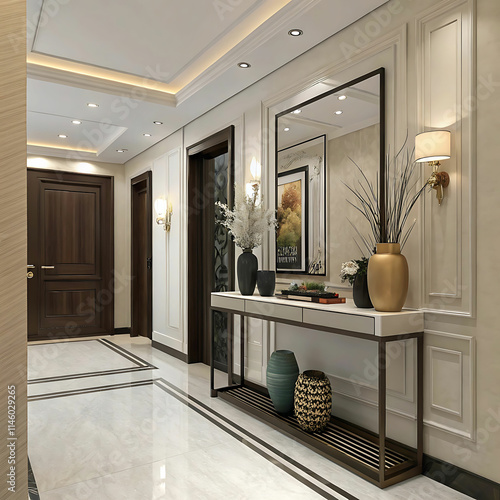 Stylish modern hallway featuring a contemporary console table design.