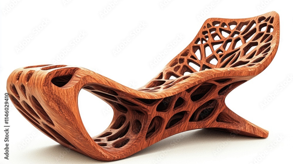 A sculptural wooden lounge chair with an intricate, organic design for relaxation. A sculptural wooden lounge chair with an intricate, organic design for relaxation.