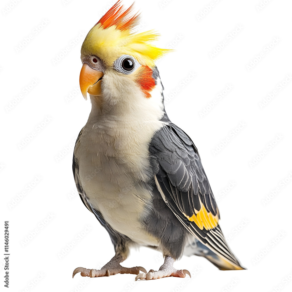 Angled view full body shot of a hyperrealistic Cockatiel animal isolated on a white transparent background Angled view full body shot of a hyperrealistic Cockatiel animal isolated on a white transparent background