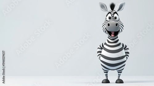 A cheerful cartoon zebra stands with a happy expression against a plain background.