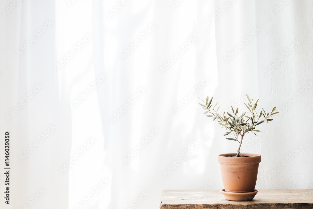 Minimalist Terracotta Pot with Olive Plant on Wooden Table Minimalist Terracotta Pot with Olive Plant on Wooden Table
