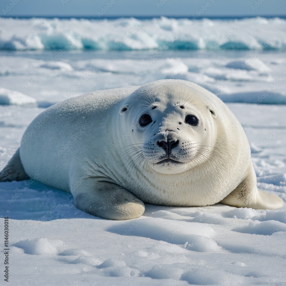 Naklejka premium A white seal pup resting on a snowy shore with a soft blue and white ocean background.