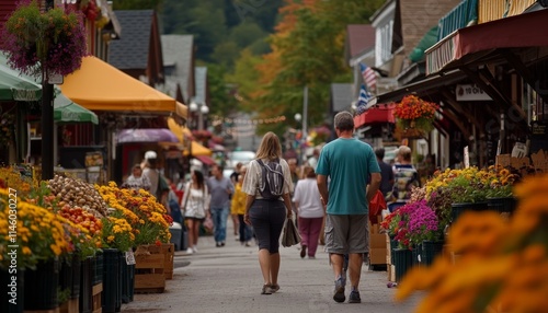 Fototapeta Naklejka Na Ścianę i Meble -  Vibrant Outdoor Market in Full Bloom with Shoppers Browsing Colorful Flowers and Local Produce
