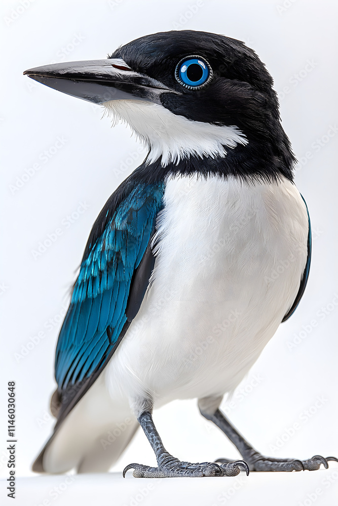 Obraz premium Stunning Close-Up of a Colorful Bird with Black and White Plumage and Vibrant Blue Feathers, Showcasing Its Striking Features and Unique Eye Color Against a Soft Background