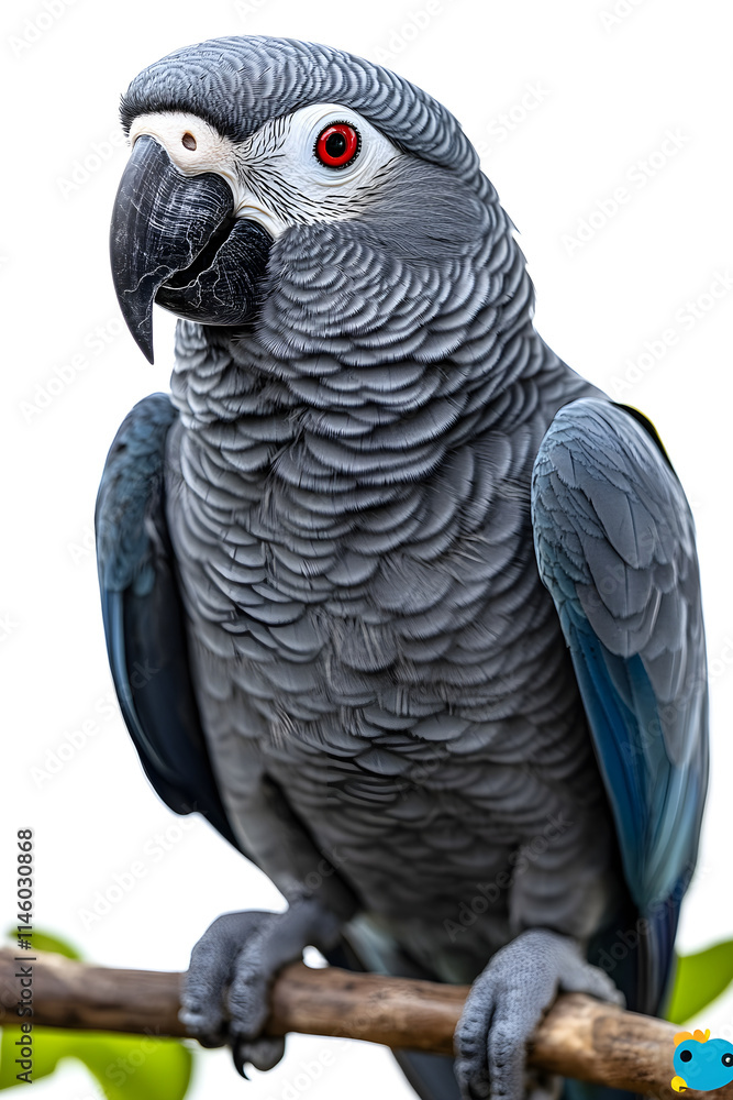 Fototapeta premium Majestic Grey Parrot Perched on Branch with Striking Features and Unique Feather Patterns Displaying Its Character and Presence Against a Bright Background