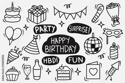 set of birthday doodle good for background, wallpaper, icon, element design, etc