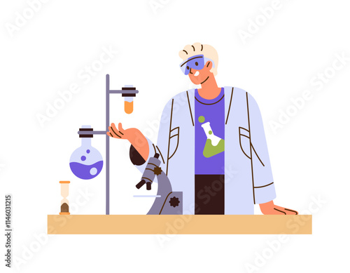 Chemist does science research in scientific laboratory. Scientist in lab coat, protective glasses explorers with tubes, beakers, chemistry equipments. Flat isolated vector illustration on white