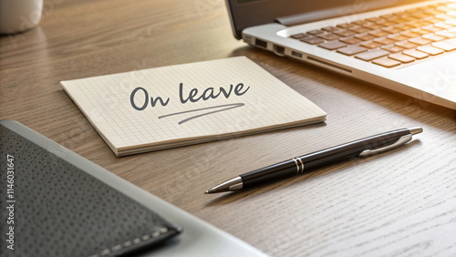 Out of office note. On Leave sign on wooden desk with laptop, notebook, and pen. Ideal for content about breaks, remote work, and vacation planning. Symbol of rest and personal time