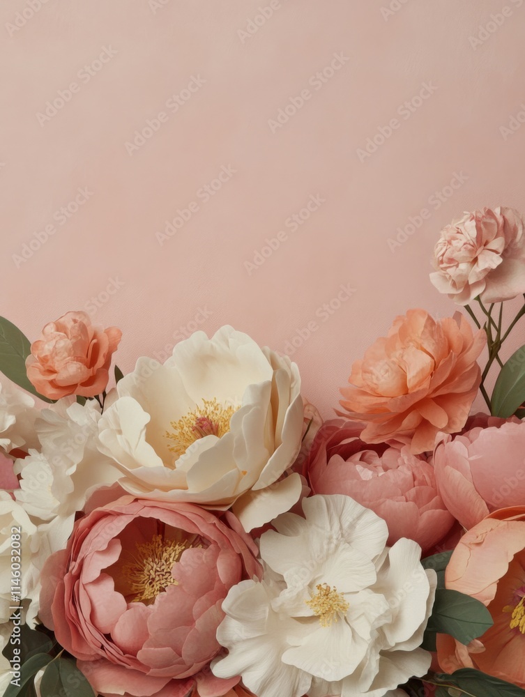 A stunning floral wreath adorned with vibrant roses and delicate peonies, beautifully crafted to honor International Women's Day, set against a soft pink backdrop A stunning floral wreath adorned with vibrant roses and delicate peonies, beautifully crafted to honor International Women's Day, set against a soft pink backdrop