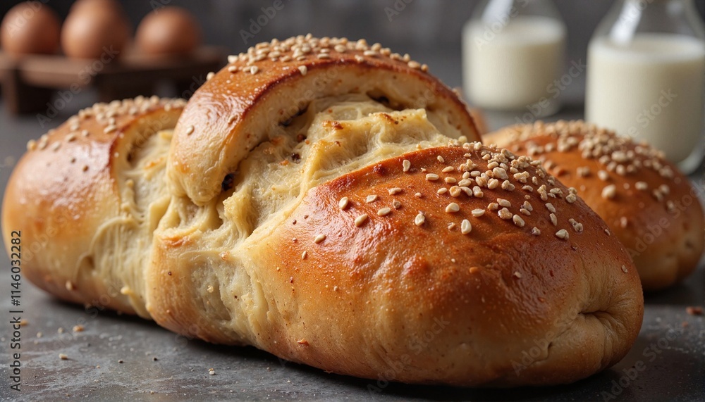 Challah bread rolls with sesame seeds on gray background, fresh bakery Challah bread rolls with sesame seeds on gray background, fresh bakery
