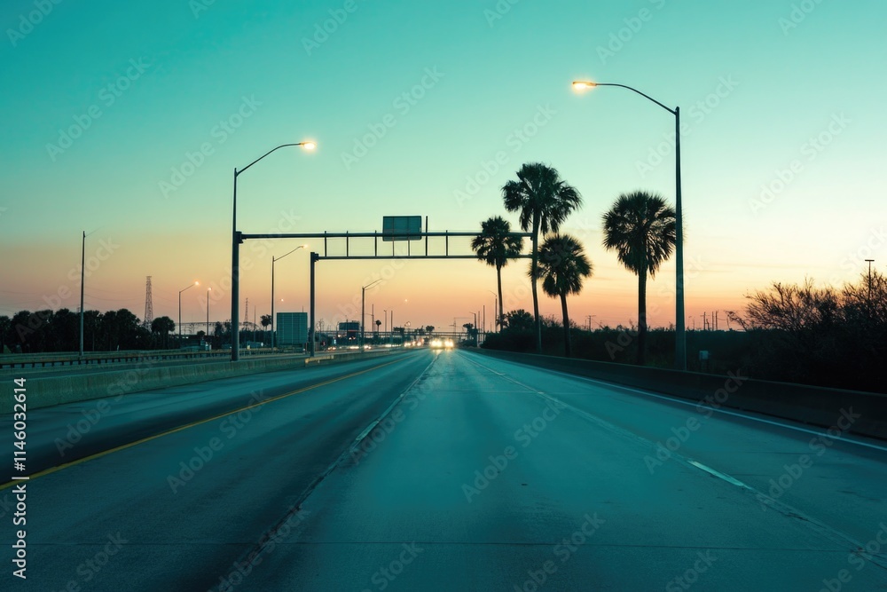 A scenic highway with palm trees along both sides, perfect for a travel or road trip image A scenic highway with palm trees along both sides, perfect for a travel or road trip image