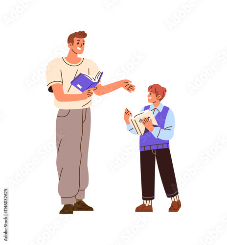 Father teaches his kid reading books. Student studies, learning textbook with teacher. Happy boy and dad discuss novels, communicate together. Flat isolated vector illustration on white background