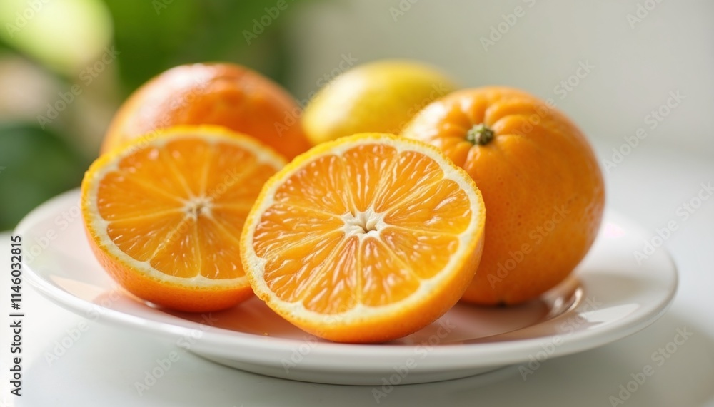 Fresh oranges and lemon slices on a white plate with a blurred background Fresh oranges and lemon slices on a white plate with a blurred background