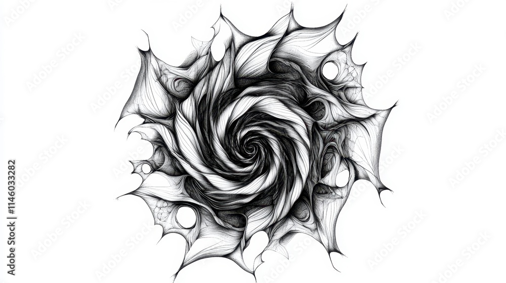 Fototapeta premium Abstract Black and White Spiral Rose Line Art Drawing, Intricate Detailed Design, Isolated on White Background