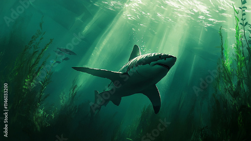 Wallpaper Mural Majestic great white shark swimming through sunlit underwater kelp forest Torontodigital.ca