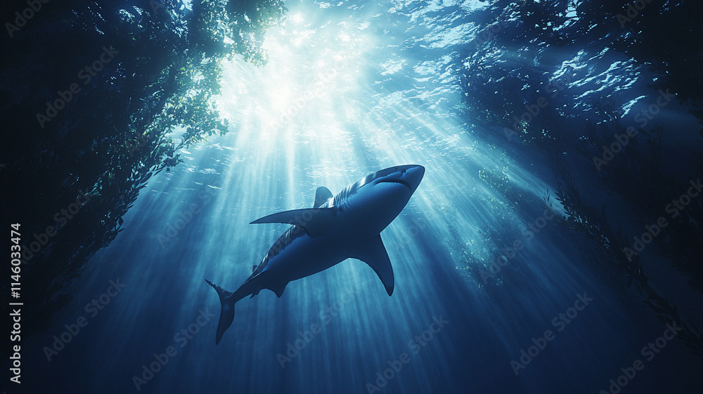 Obraz premium majestic great white shark glides through sunlit ocean waters