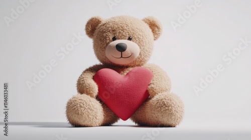 3D Rendered Beige Teddy Bear Holding Red Heart, Sitting on White Background, Valentine's Day Theme