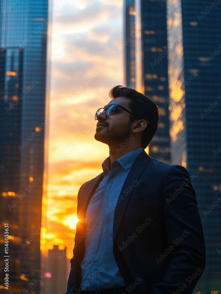 Fototapeta premium Sunset Skyline Silhouette - Urban Professional Portrait