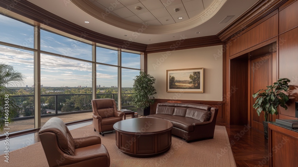 Luxurious office with panoramic city view, leather furniture, and hardwood floors. Luxurious office with panoramic city view, leather furniture, and hardwood floors.