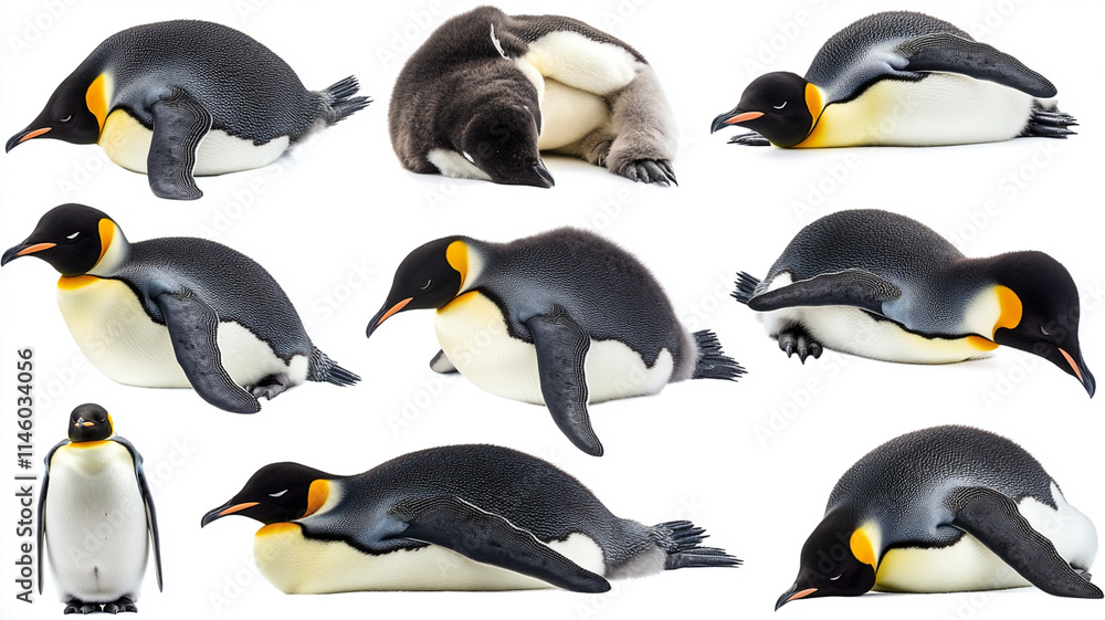 Obraz premium Emperor penguins in various poses, showcasing their unique features and behaviors