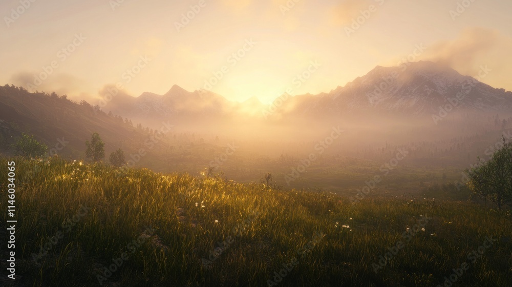 Serene Sunrise over Misty Mountains and Golden Meadow: A Breathtaking Landscape Photography Serene Sunrise over Misty Mountains and Golden Meadow: A Breathtaking Landscape Photography